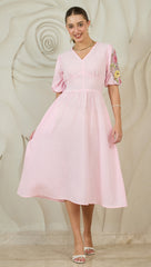 Embroidered Puff Sleeves Cotton Fit & Flare Midi Dress