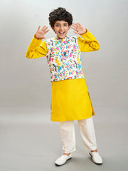 Boys yellow kurta & off white pajama with a multi print jacket