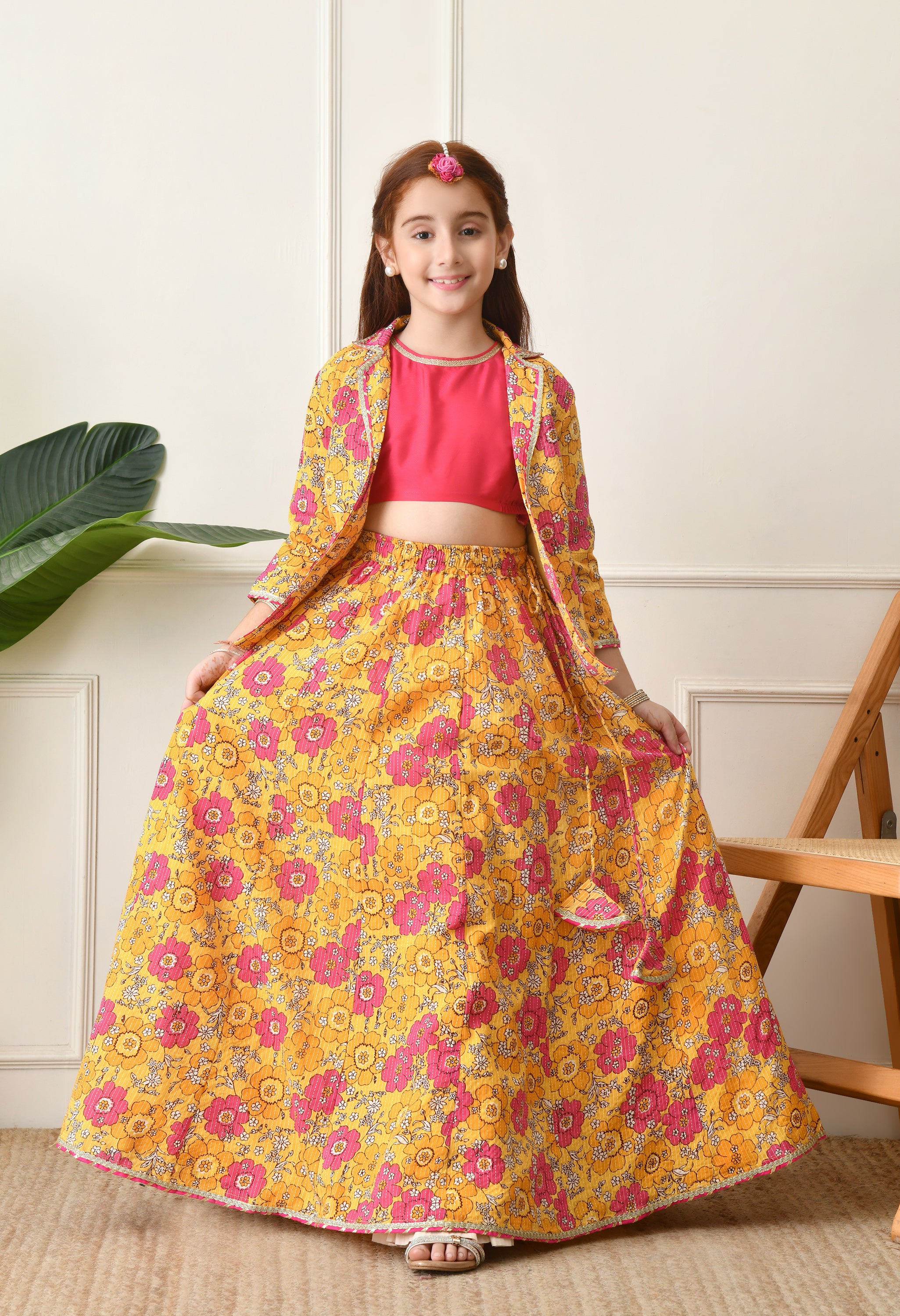 Girls Mustard Yellow Floral Printed Lehenga Choli Set with Stylish Jacket