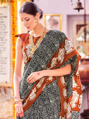 Naari - Women's Bhagalpuri Silk Black Printed Designer Saree With Blouse Piece