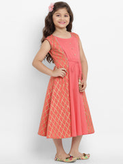 Cotton Blend Woven Sleeveless Foli Print Flared Frock - Peach