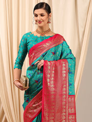 ساري نسائي أزرق مطبوع مطبوع من مزيج القطن مع قطعة بلوزة