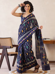Women's Cotton Navy Blue Printed Ready to Wear With Blouse Piece