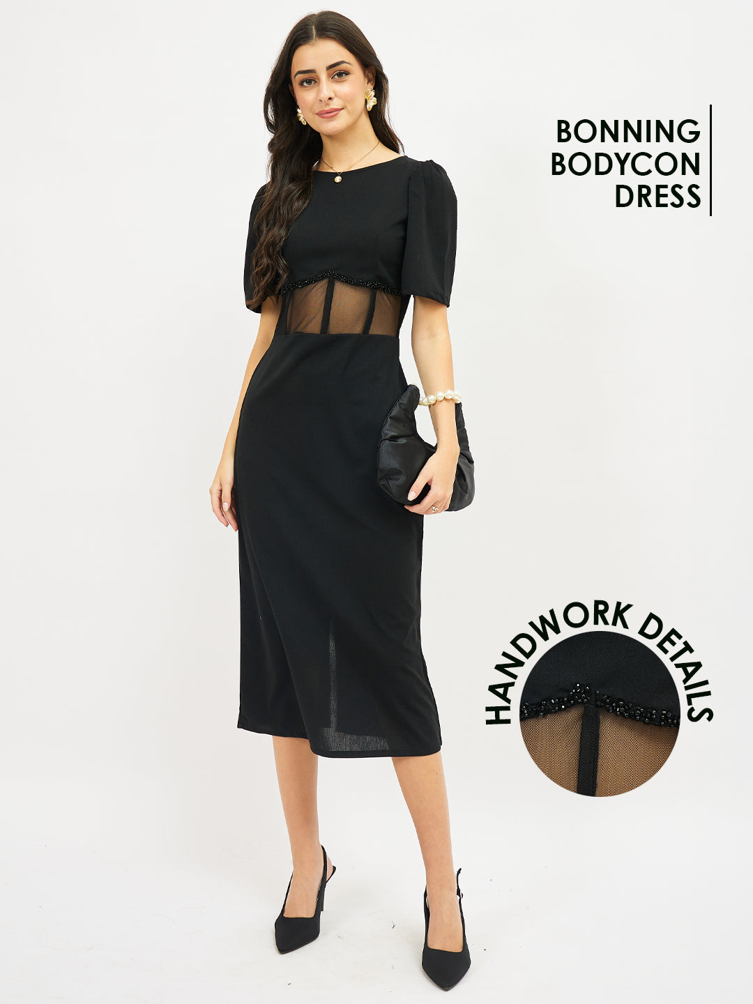 Puff Sleeve Scuba Bodycon Midi Dress
