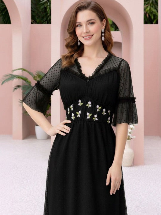 Flared Sleeve Fit & Flare Midi Dress