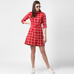 Women's Red and White Check Shirt Dress with Belt