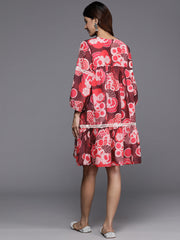 Varanga Women Maroon And Peach Floral Printed Lace Detail Tiered Dress