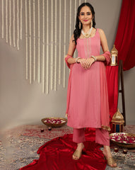 women Mauve Straight Kurta With Tonal Bottom & Dupatta