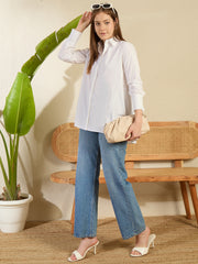 Women's White Cotton Lose Fit HiLo Shirt