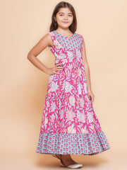 Cotton Blend Woven Sleeveless Flower Print Flared Frock - Pink