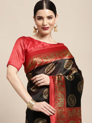 Women's Art Silk Black Printed DesignerSaree With Blouse Piece