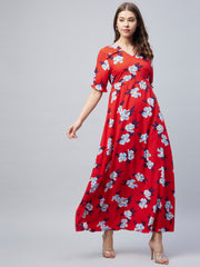 Girls Blue Polyester Crepe Floral Hi-Lo Dress