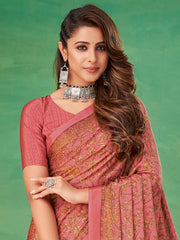 ساري نسائي وردي مطبوع من الكريب مع قطعة بلوزة