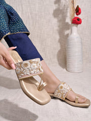 Shoetopia - Embellished Golden Kolhapuri Flats For Women & Girls