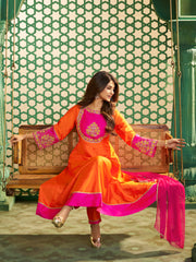 Orange And Pink Embroidered Anarkali Kurta Set