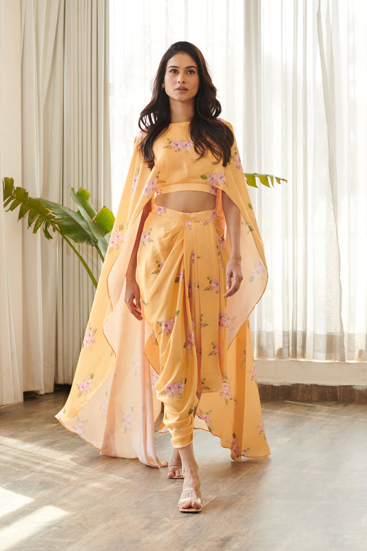 Jasmine Yellow Cape Sleeved Top & Skirt Set