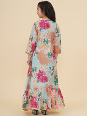 Silk Woven Three Fourth Sleeves Floral Print Fit And Flare Ethnic Dress With Jacket - Sea Green
