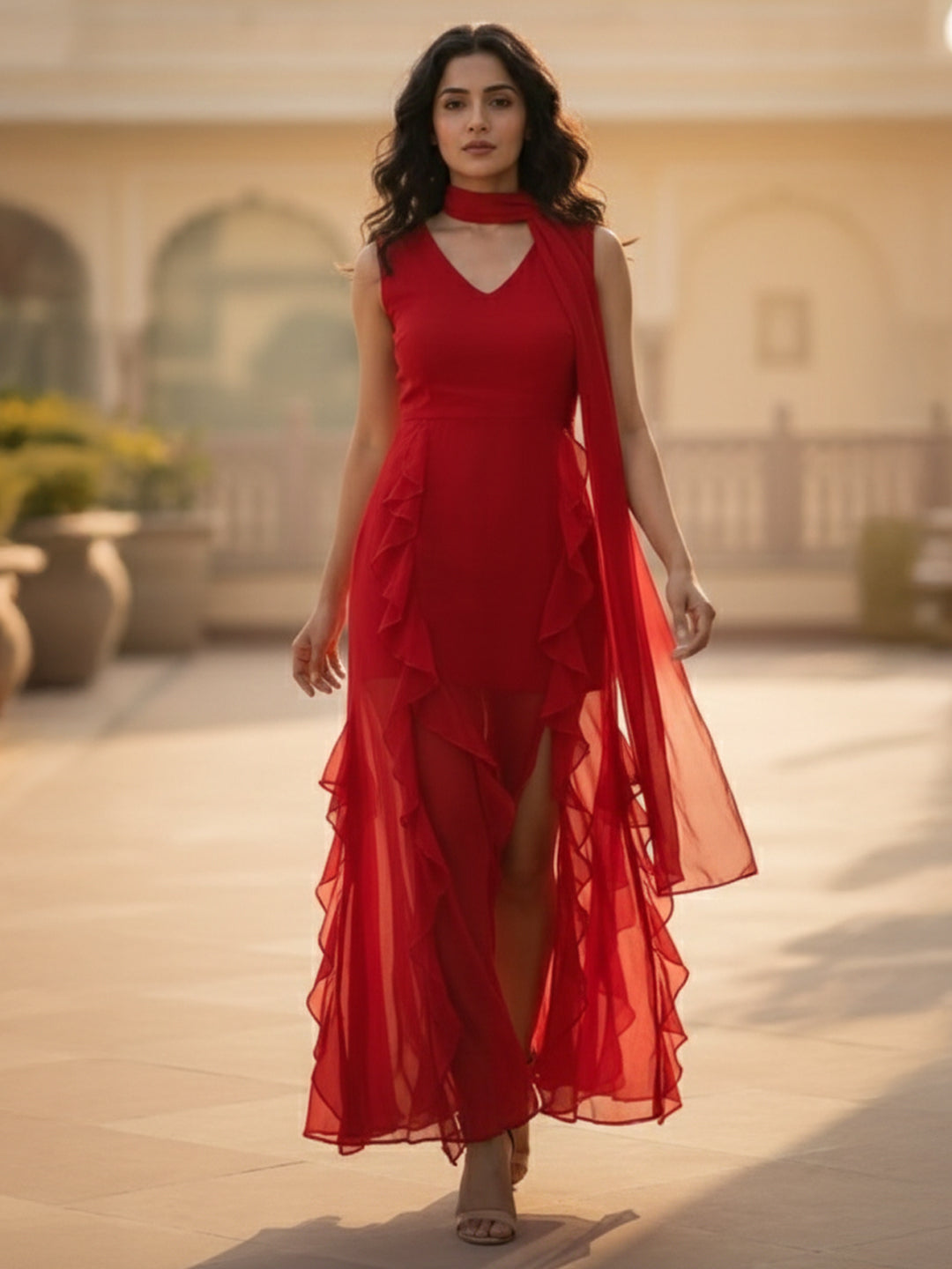 Ruffled Chiffon A-Line Maxi Dress