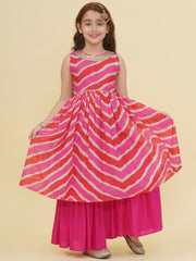 Girls Pink Leheriya Printed Kurta with Sharara