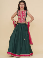 Boho Design Girls Pink Embroidered Choli Green Ready to Wear Lehenga With Dupatta