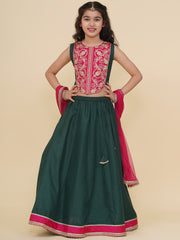 Boho Design Girls Pink Embroidered Choli Green Ready to Wear Lehenga With Dupatta