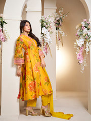 Yellow Colour Floral Printed Flared Anarkali Kurta with Palazzos Dupatta.