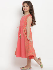 Cotton Blend Woven Sleeveless Foli Print Flared Frock - Peach
