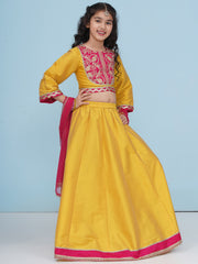 Girls Boho Design Yellow Pink Embroidered Choli & Ready to Wear Lehenga With Dupatta.