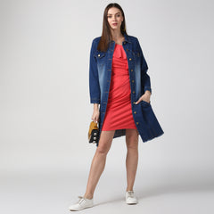 Women's Navy Blue Long Overcoat Style Denim Jacket with Washed effect