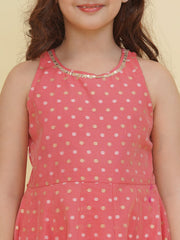 Silk Woven Sleeveless Self Design Fit And Flare Ethnic Dress - Peach