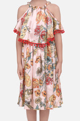 Light Pink Floral Printed Satin Dress with Pom Pom Lace