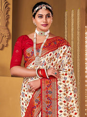 ساري نسائي من مزيج الحرير بلون أبيض كريمي بتصميم منسوج مع قطعة بلوزة