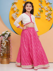 Girls Off white Choli, Pink Foil Printed Lace work Lehenga with Dupatta