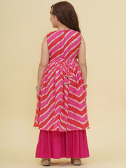 Girls Pink Leheriya Printed Kurta with Sharara