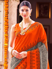 Women's Bhagalpuri Silk Orange Printed Designer Saree With Blouse Piece