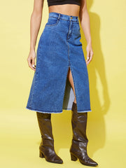 Women's Denim Midi Skirt with Center Slit