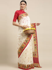 Women's Silk Blend White Printed Designer Saree With Blouse Piece