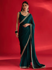 Women's Satin Teal blue Embellished Designer Saree With Blouse Piece