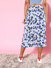 تنورة ميدي نسائية بفتحة جانبية مزينة بالزهور - أزرق وأبيض