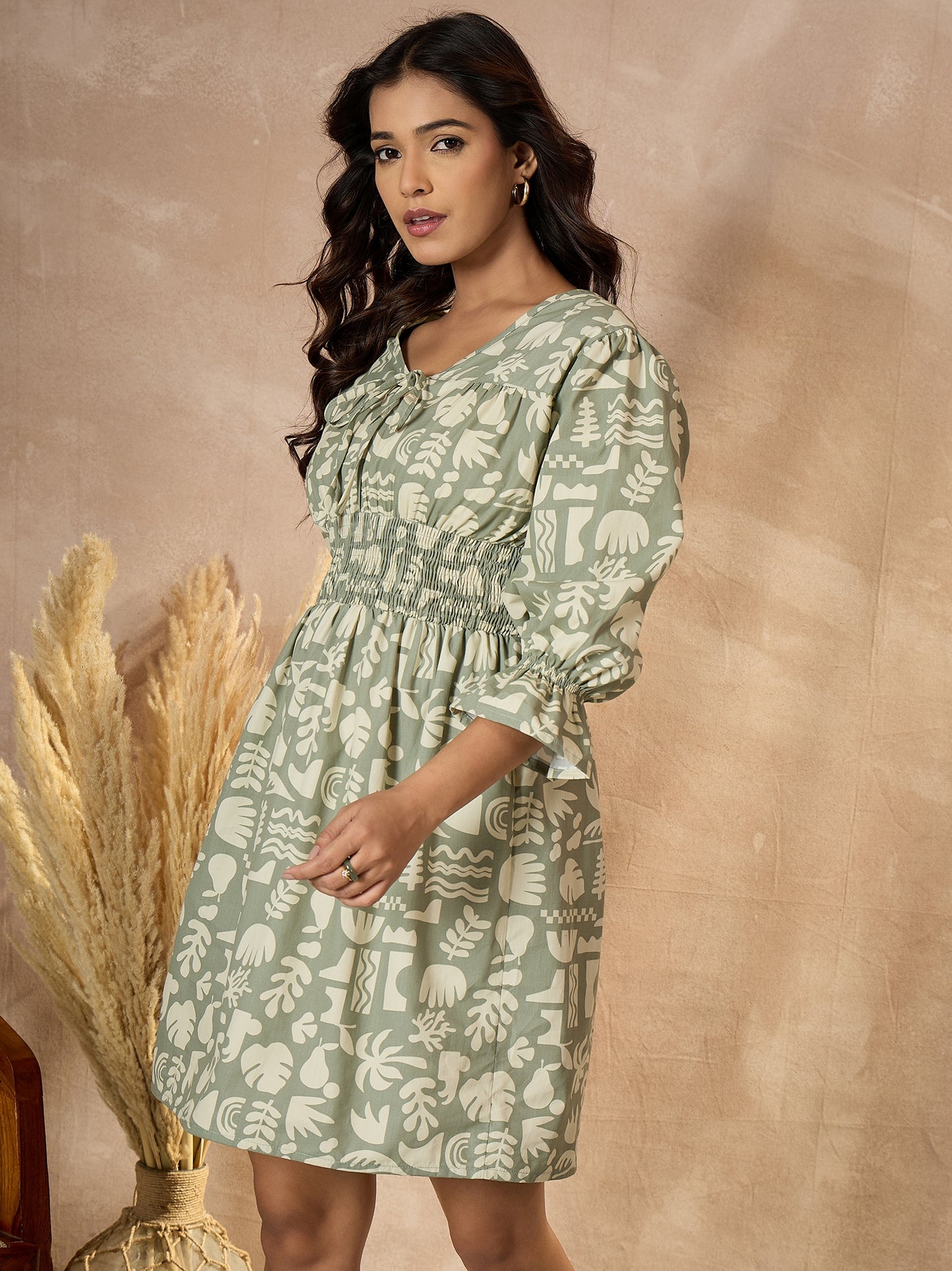 StyleStone Women's Cotton Olive Abstract Printed Dress