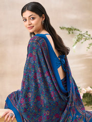 ساري نسائي أزرق مطبوع من الكريب مع قطعة بلوزة