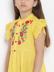 Cotton Blend Woven Half Sleeves Embroidered Flared Frock - Yellow