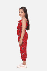 Girls Red Printed Rayon Jumpsuit