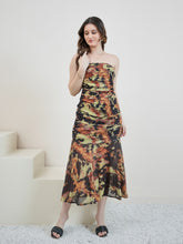 Women Abstract Printed Strapless Gathered or Pleated Bandeau Midi Dress