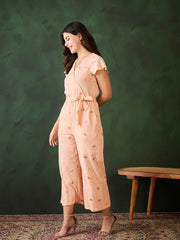 Women's Butterfly embroidered Peach Rayon Crepe Jumpsuit