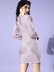 Lavender Solid Accordion Pleats Wrap Dress