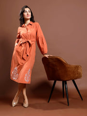 Bohemian Embroidered Puff Sleeve Shirt Midi Dress