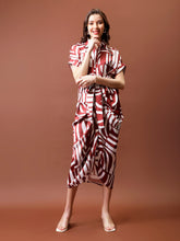 Printed Satin Shirt Collar Shirt Midi Dress