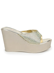 صندل كاجوال أنيق بكعب إسفين 5 بوصات، مفتوح من الخلف، مقدمة دائرية