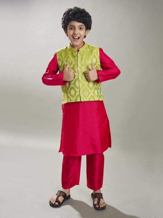 Boys off Pink kurta pajama with a green jacquard booti jacket